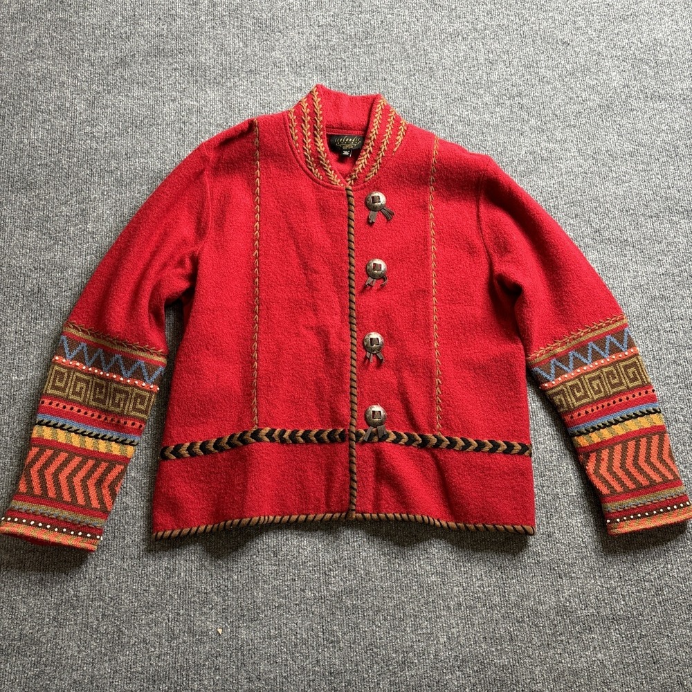 VTG Icelandic Design Jacket Women's XL Wool Cardigan Sweater Snap Embroidered
